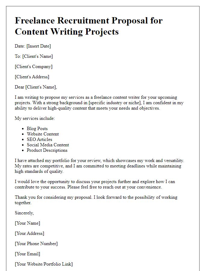 Letter template of freelance recruitment proposal for content writing projects.