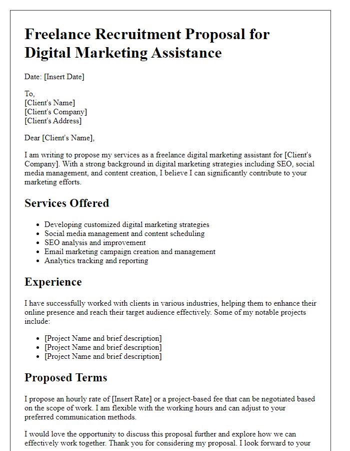 Letter template of freelance recruitment proposal for digital marketing assistance.