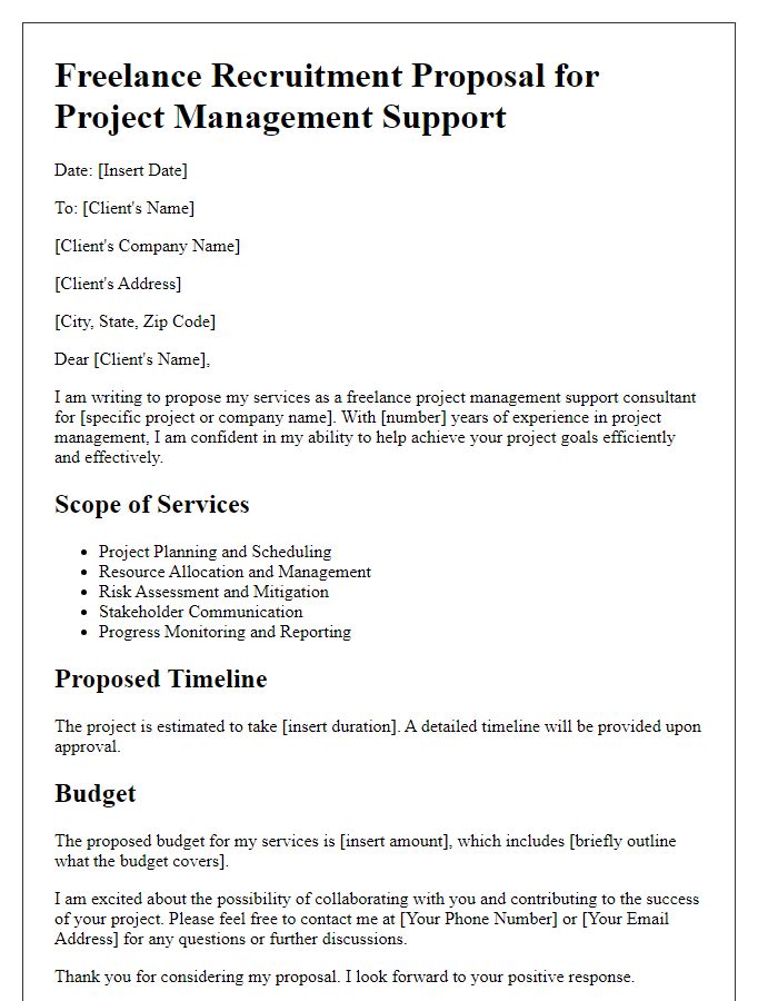 Letter template of freelance recruitment proposal for project management support.