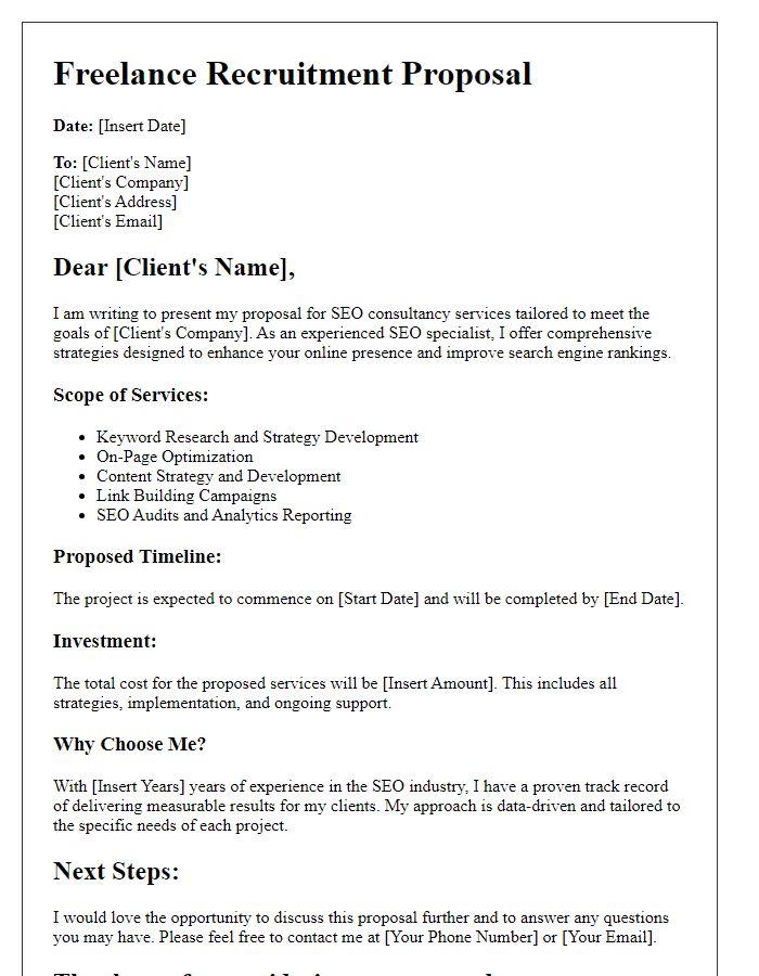 Letter template of freelance recruitment proposal for SEO consultancy.