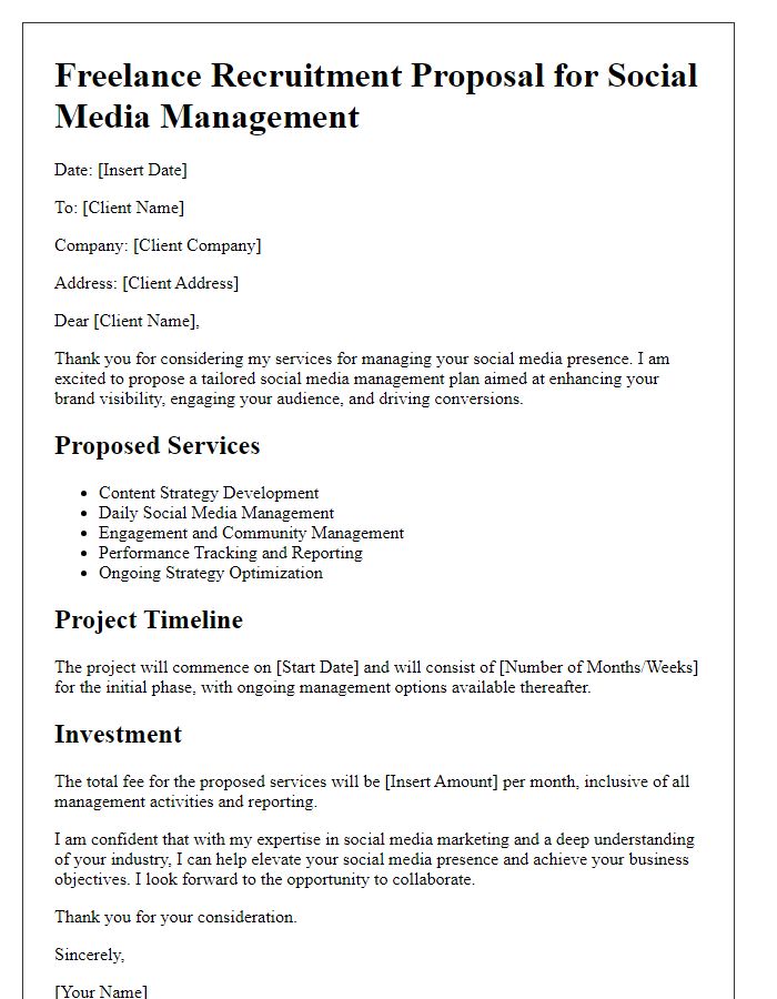 Letter template of freelance recruitment proposal for social media management.