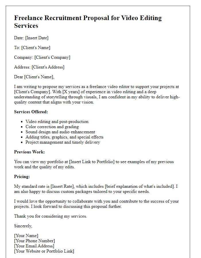 Letter template of freelance recruitment proposal for video editing services.