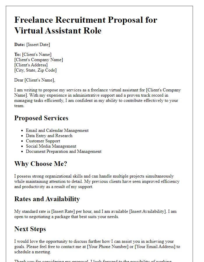 Letter template of freelance recruitment proposal for virtual assistant roles.