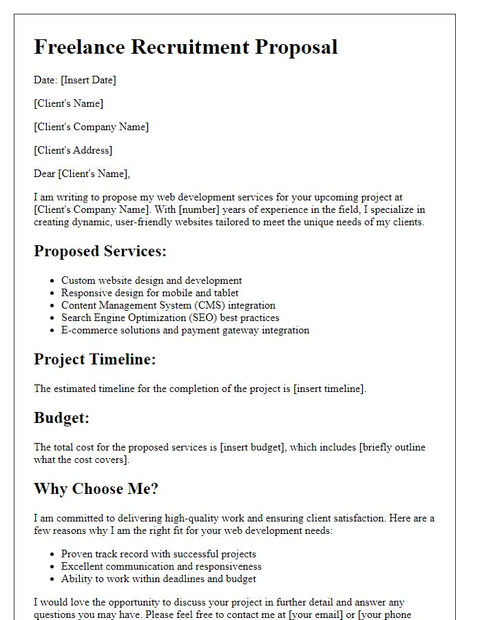 Letter template of freelance recruitment proposal for web development services.