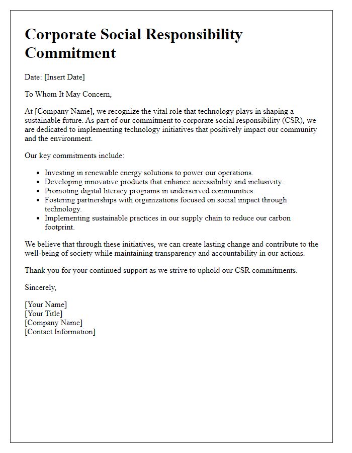 Letter template of corporate social responsibility commitment in technology initiatives.