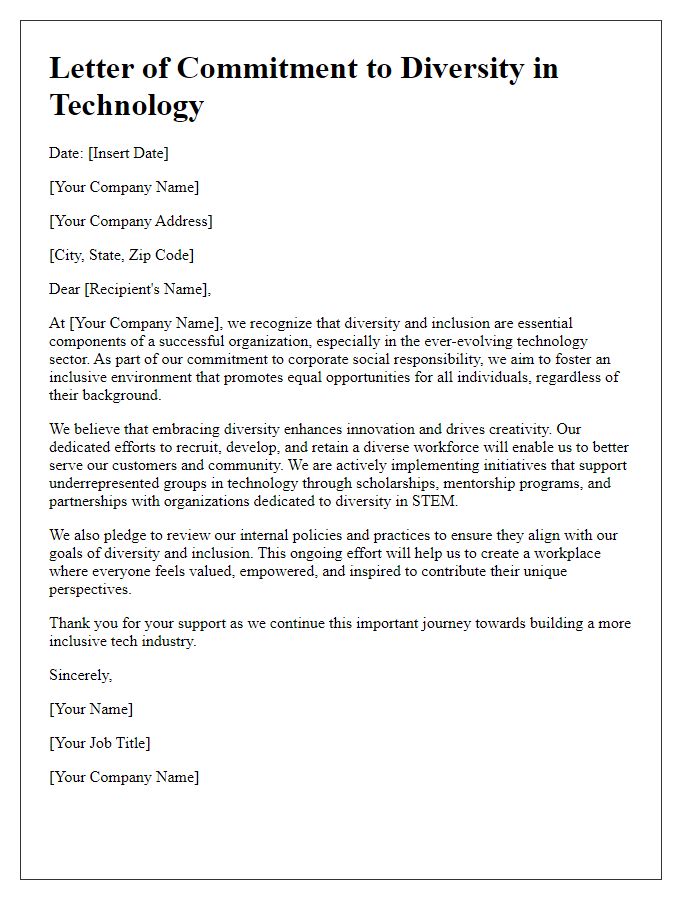 Letter template of corporate social responsibility focus on diversity in tech.