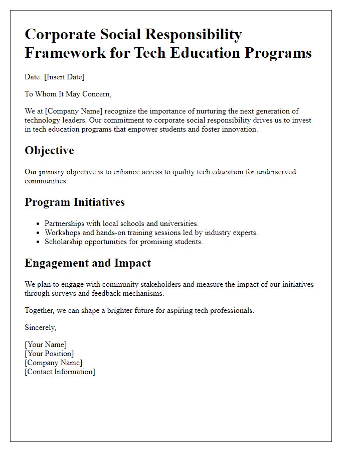 Letter template of corporate social responsibility framework for tech education programs.