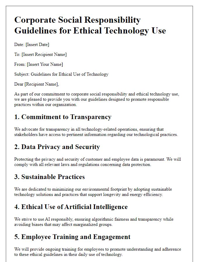 Letter template of corporate social responsibility guidelines for ethical technology use.