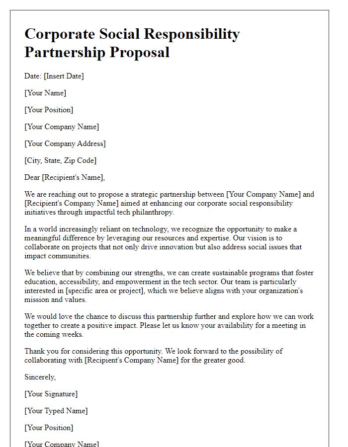 Letter template of corporate social responsibility partnerships in tech philanthropy.