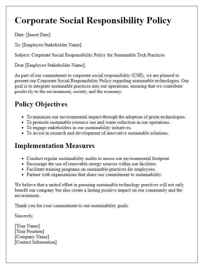 Letter template of corporate social responsibility policy for sustainable tech practices.