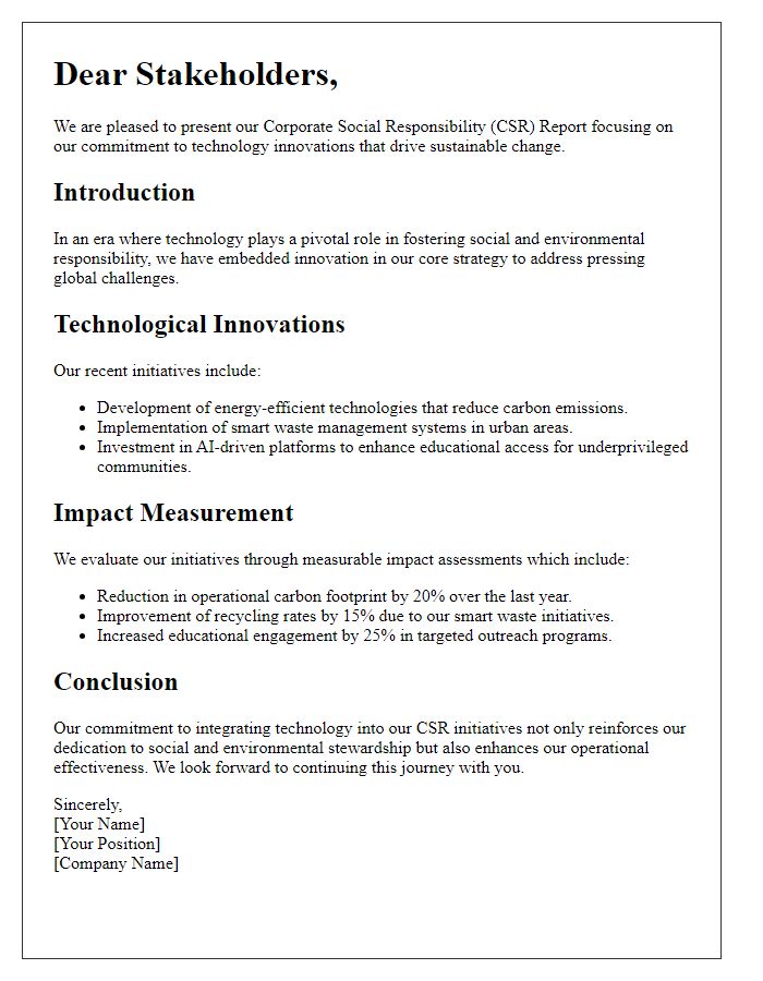 Letter template of corporate social responsibility report on tech innovations.