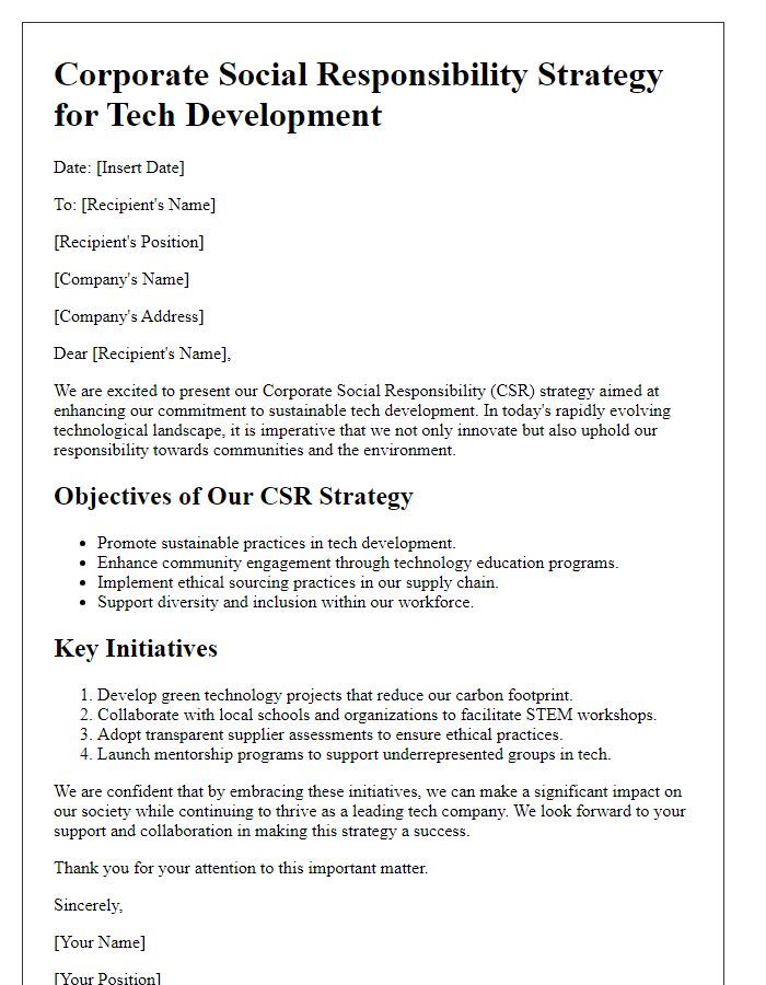 Letter template of corporate social responsibility strategy for tech development.