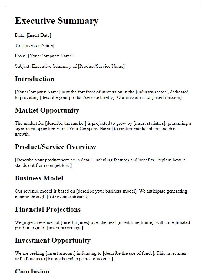 Letter template of executive summary for technology investors