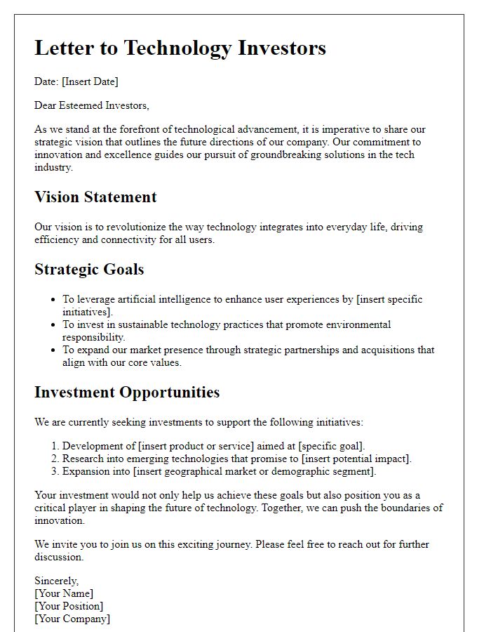 Letter template of strategic vision for technology investors