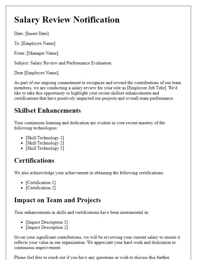 Letter template of salary review for tech employees highlighting skillset enhancements and certifications