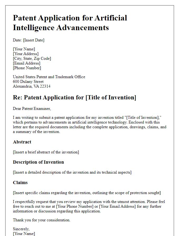 Letter template of patent application for artificial intelligence advancements.