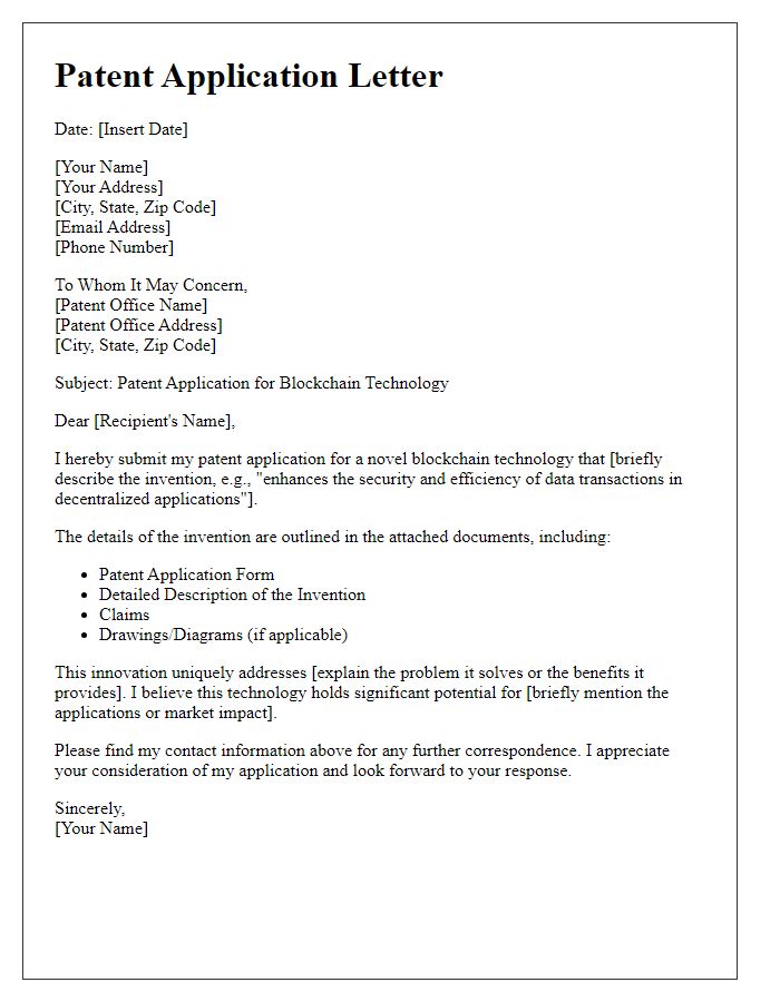 Letter template of patent application for blockchain technology.