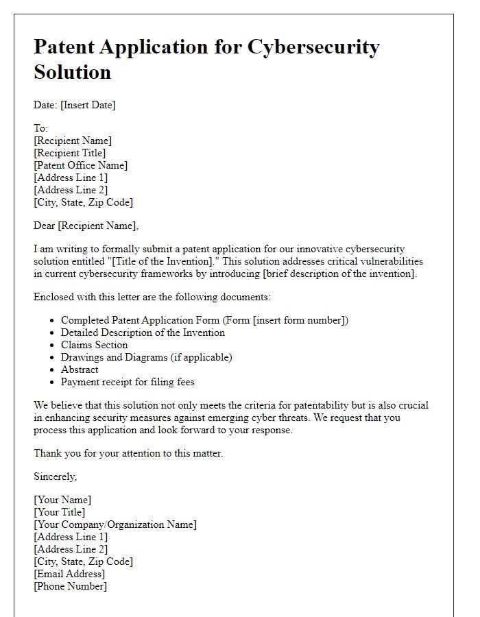 Letter template of patent application for cybersecurity solutions.