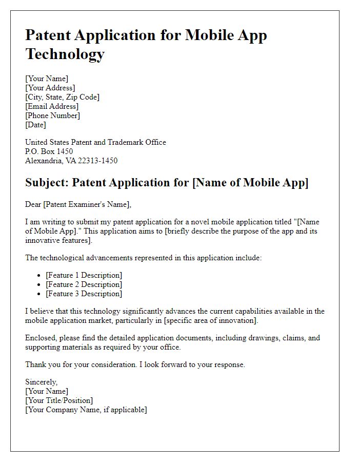 Letter template of patent application for mobile app technology.