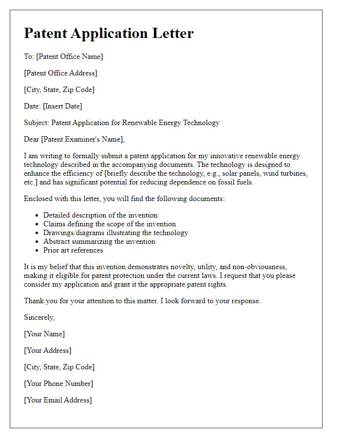 Letter template of patent application for renewable energy tech.