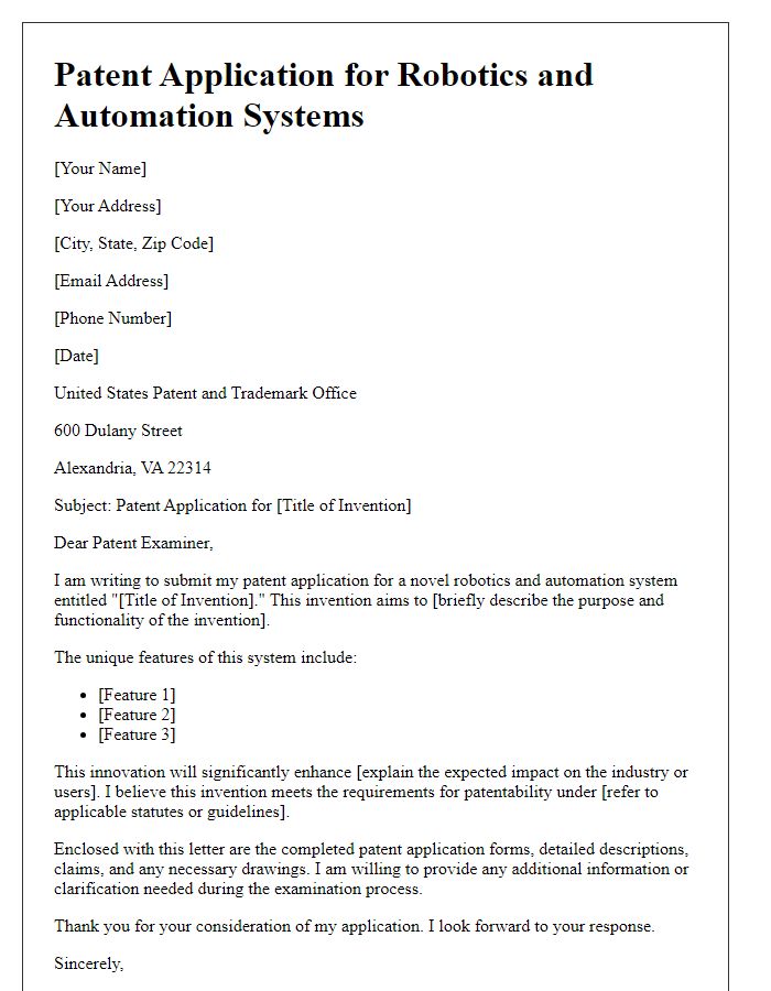 Letter template of patent application for robotics and automation systems.