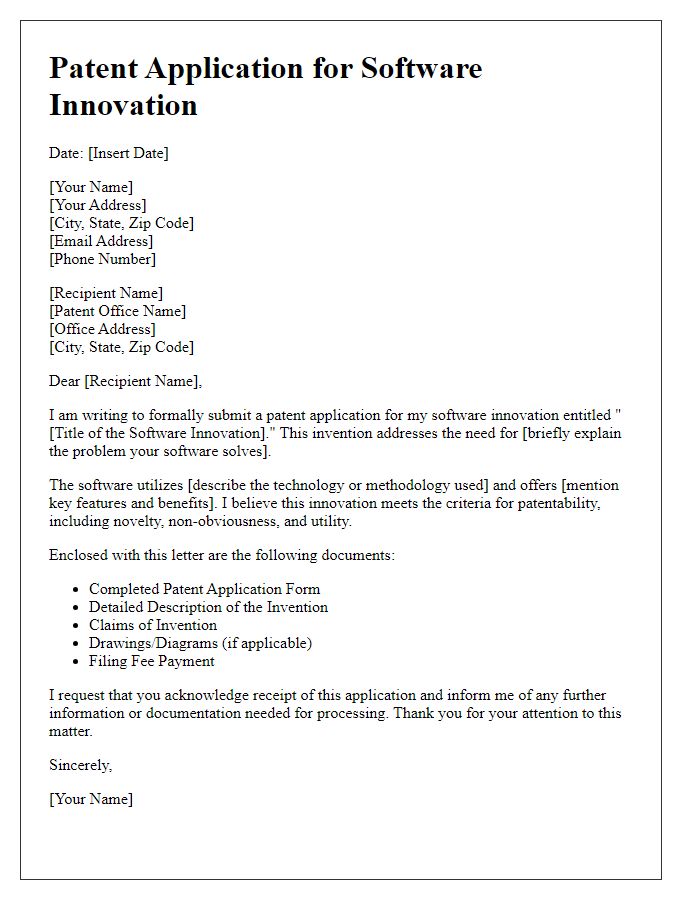 Letter template of patent application for software innovation.