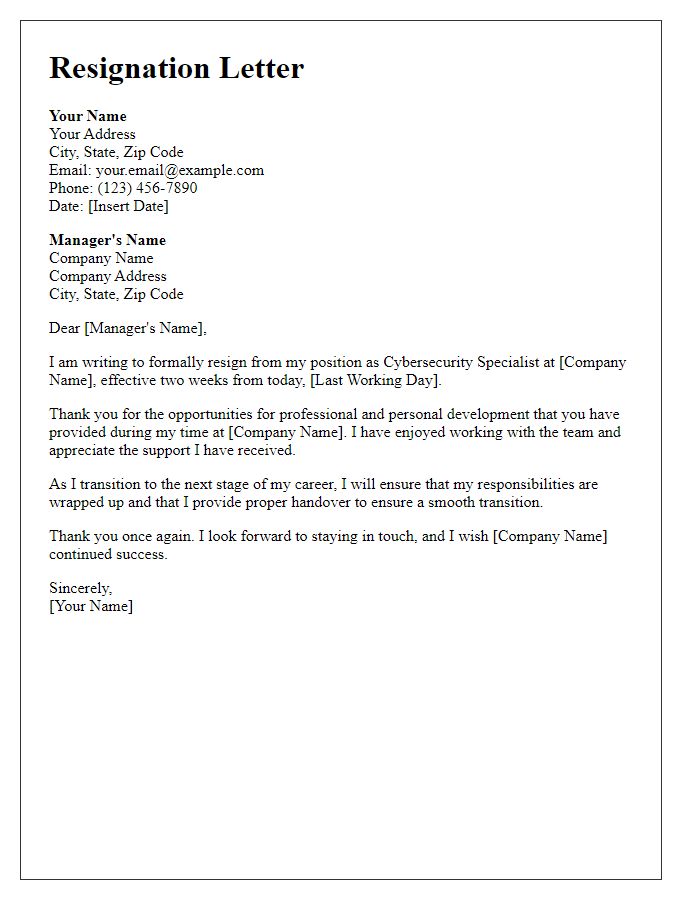 Letter template of resignation for cybersecurity specialist