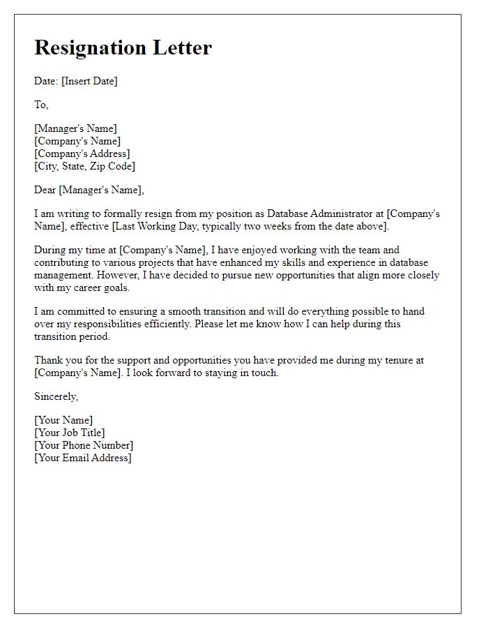 Letter template of resignation for database administrator