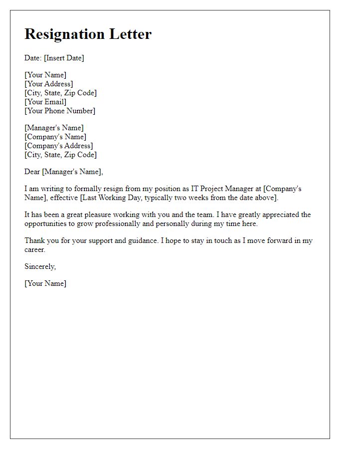 Letter template of resignation for IT project manager