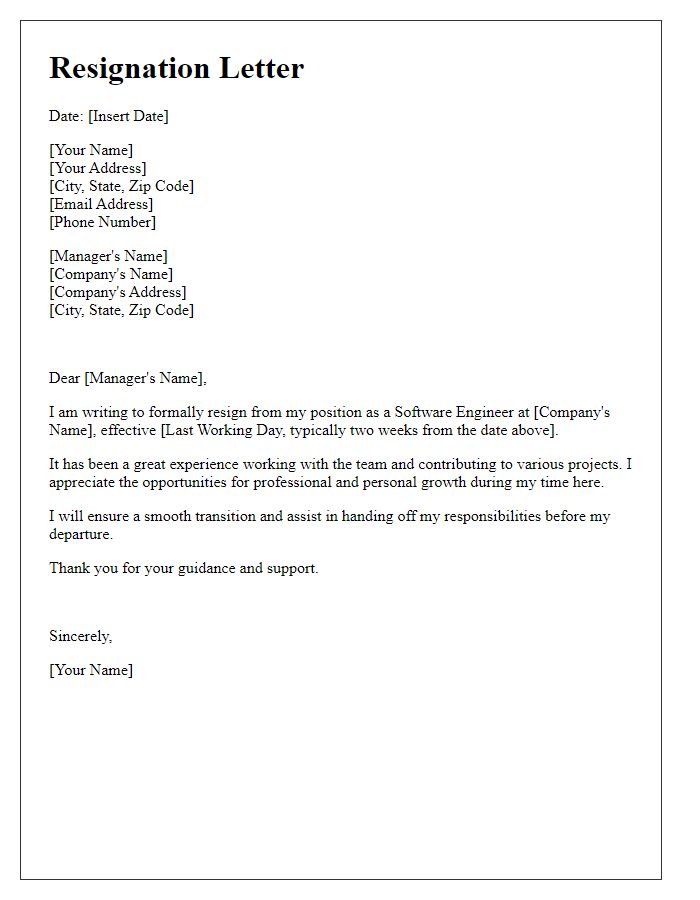 Letter template of resignation for software engineer position