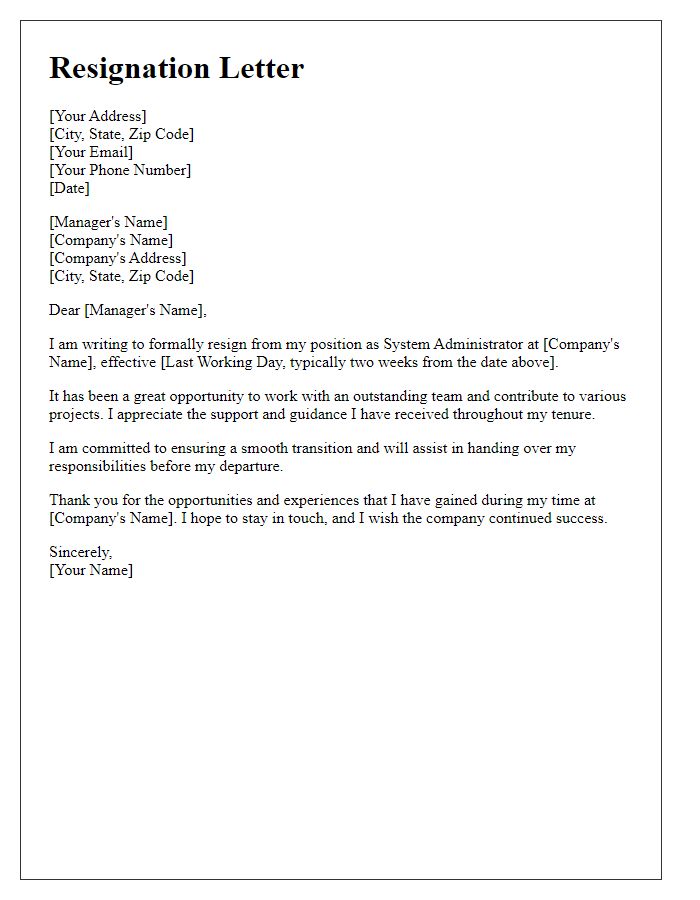 Letter template of resignation for system administrator