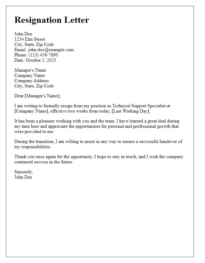 Letter template of resignation for technical support specialist