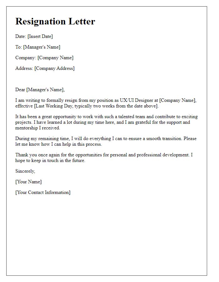 Letter template of resignation for UX/UI designer