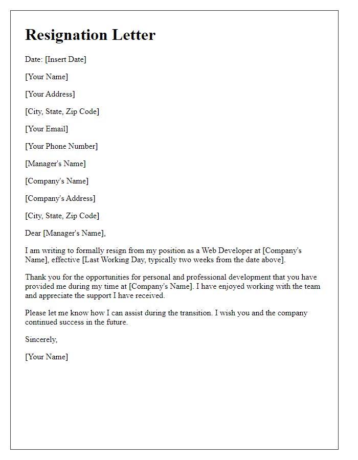 Letter template of resignation for web developer