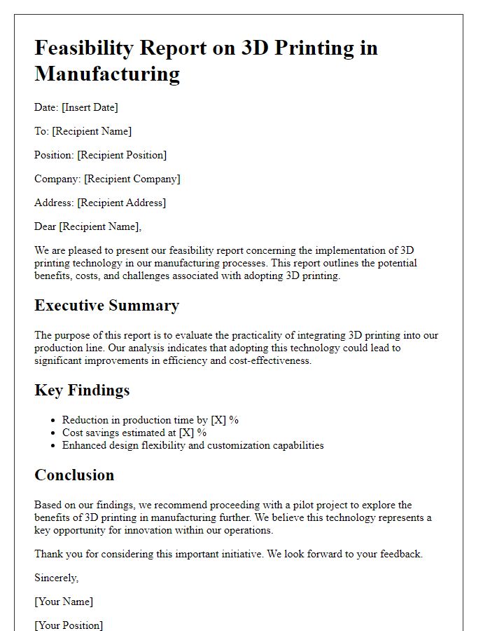 Letter template of feasibility report for 3D printing in manufacturing