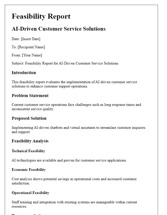 Letter template of feasibility report for AI-driven customer service solutions