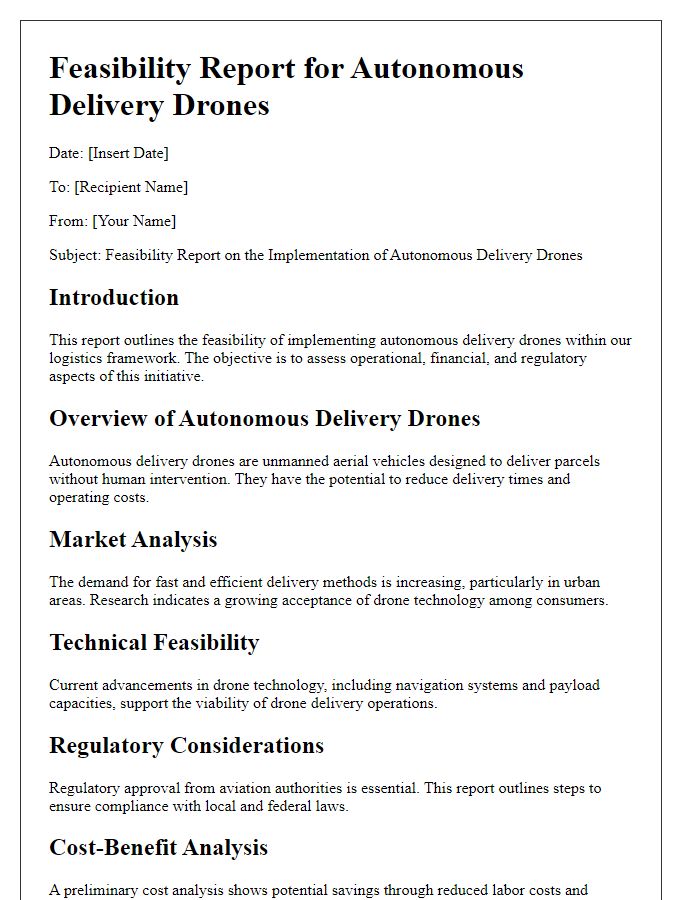 Letter template of feasibility report for autonomous delivery drones