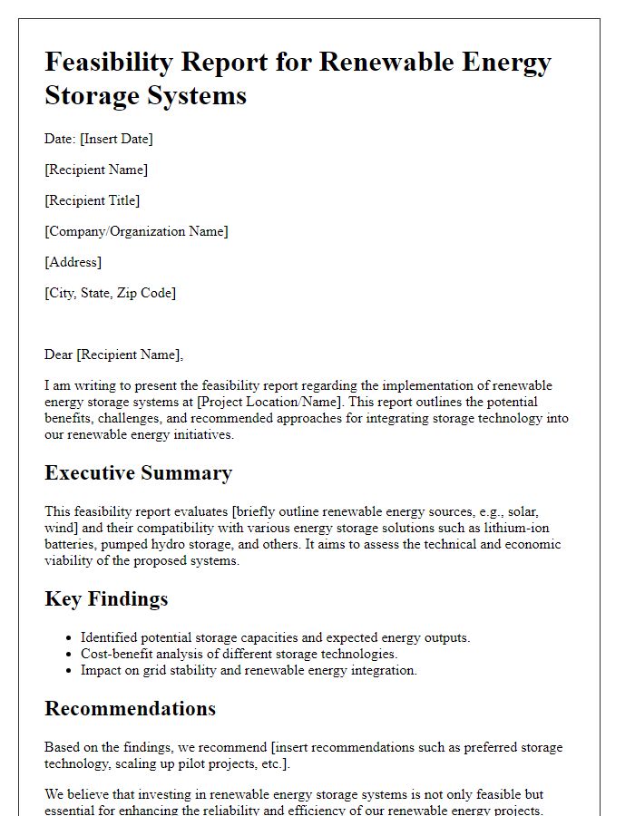 Letter template of feasibility report for renewable energy storage systems