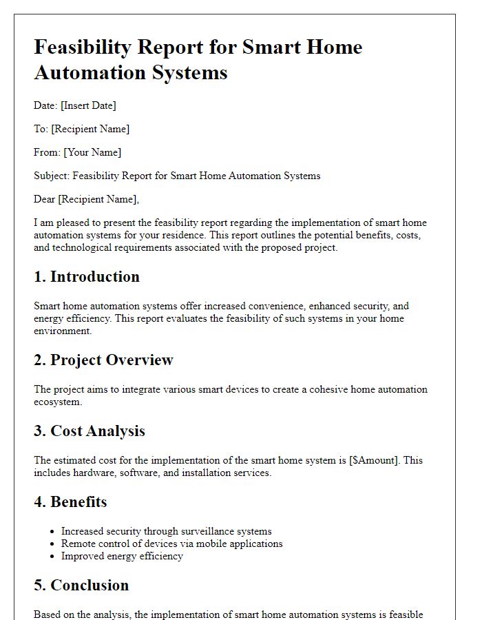 Letter template of feasibility report for smart home automation systems