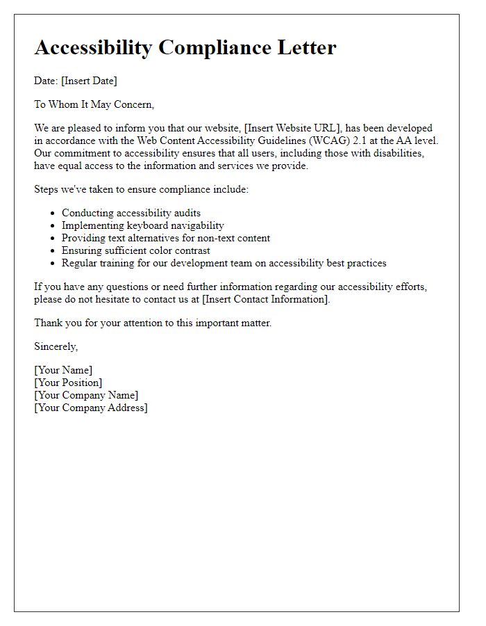 Letter template of accessibility compliance for website development