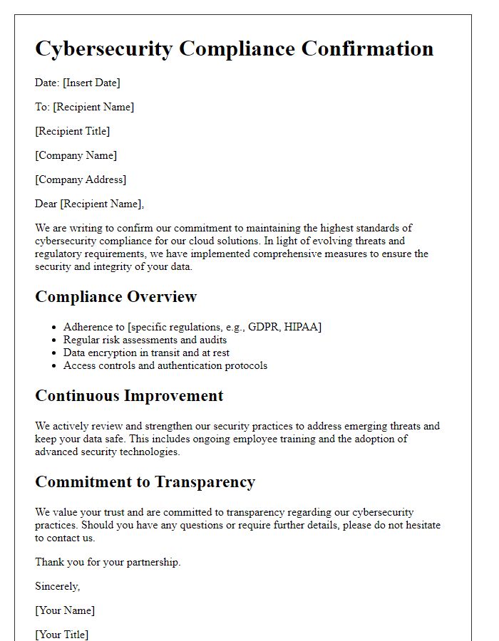 Letter template of cybersecurity compliance for cloud solutions