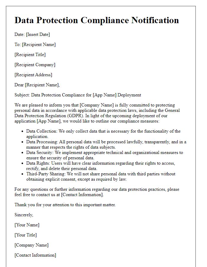 Letter template of data protection compliance for app deployment