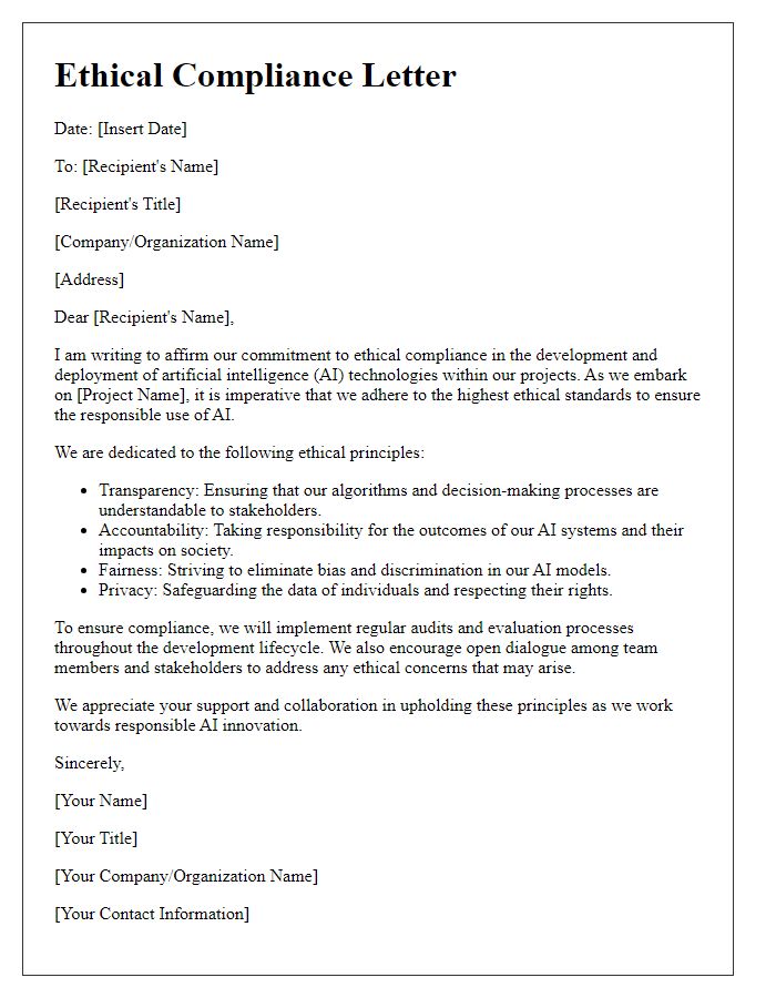 Letter template of ethical compliance in AI development projects
