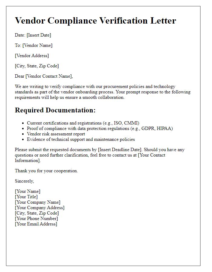 Letter template of vendor compliance verification for technology procurement