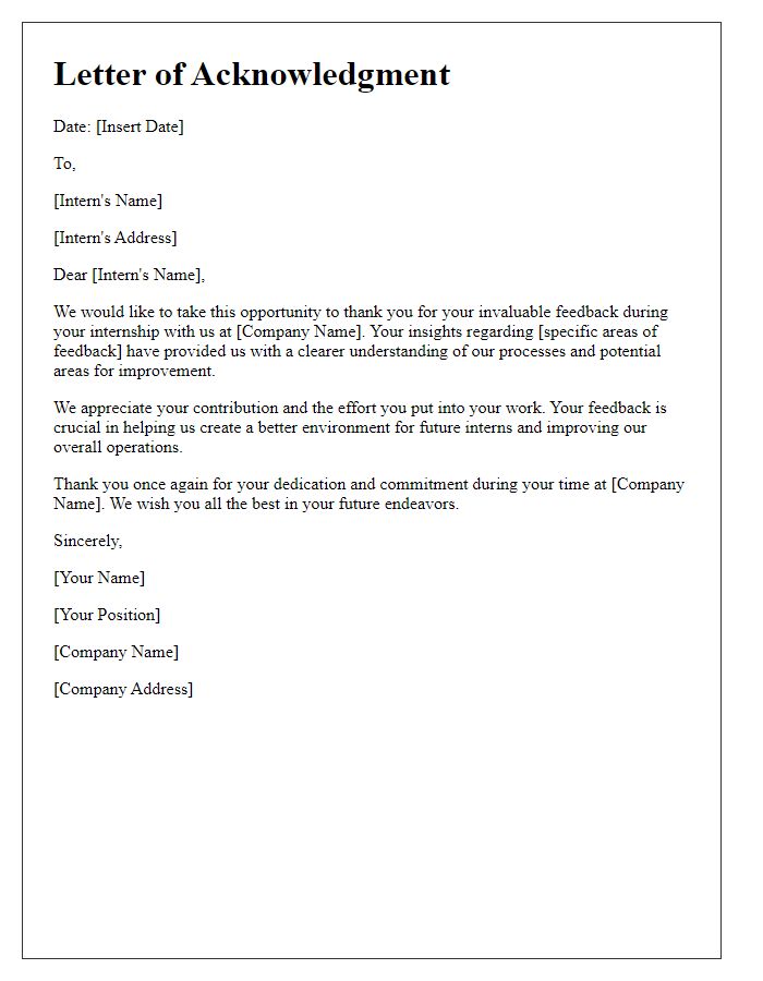 Letter template of acknowledgment for feedback received during tech internship