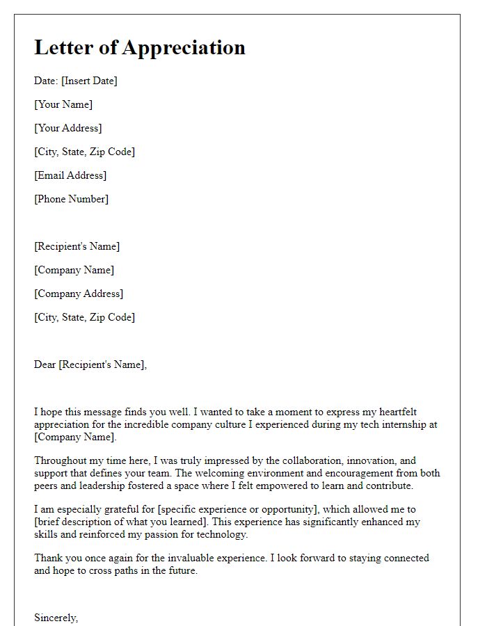 Letter template of appreciation for company culture experienced during tech internship