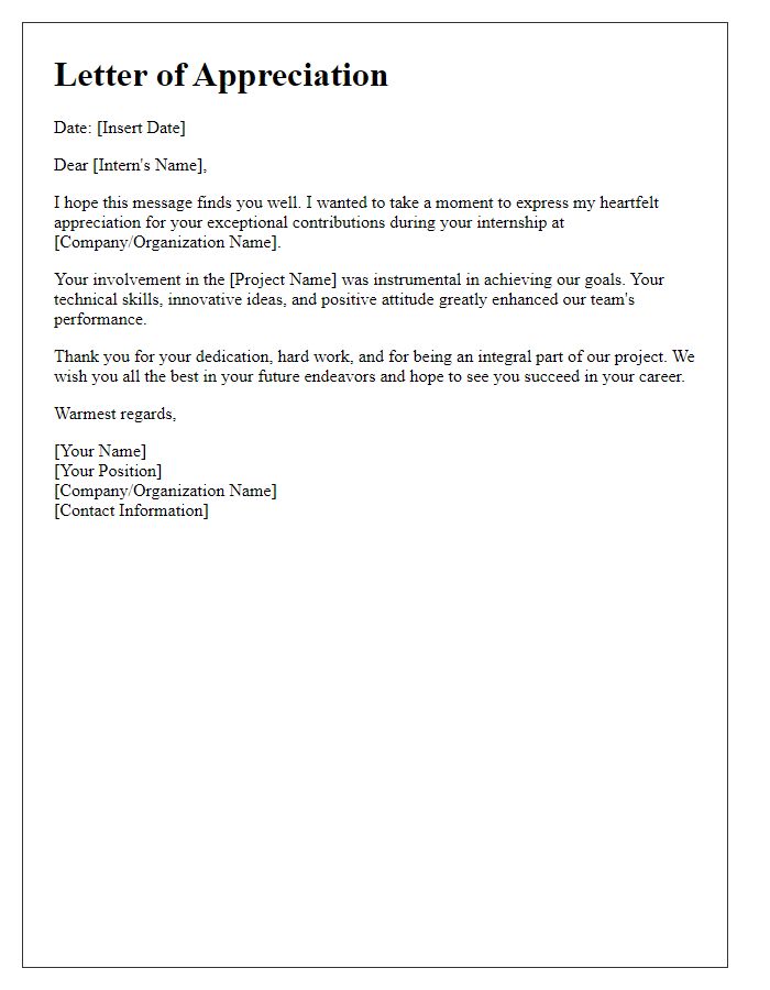 Letter template of appreciation for project involvement in tech internship