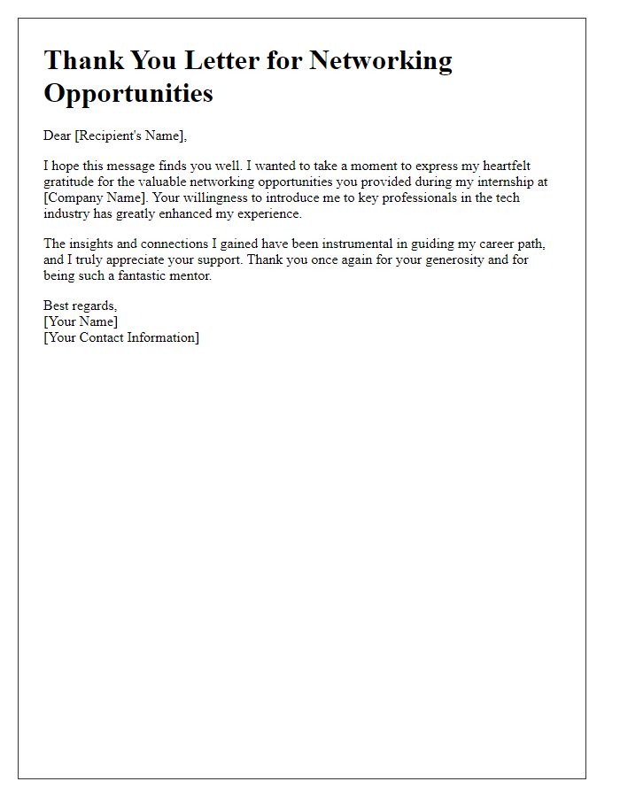 Letter template of thanks for networking opportunities in tech internship