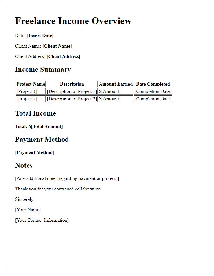 Letter template of freelance income overview