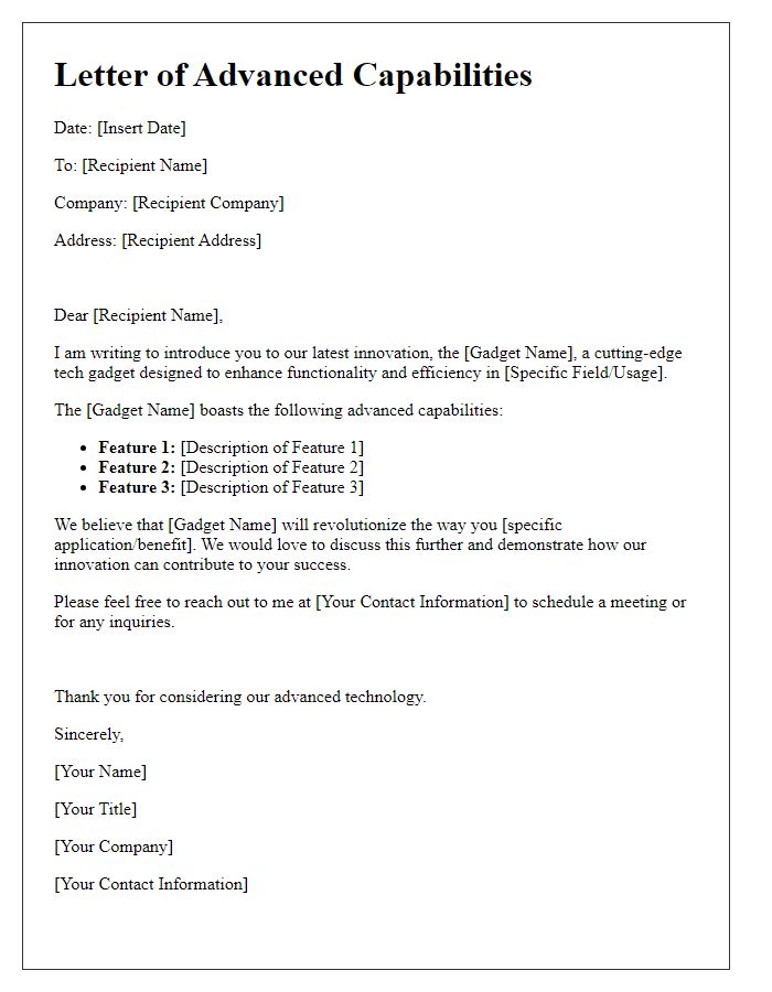 Letter template of advanced capabilities for cutting-edge tech gadget.